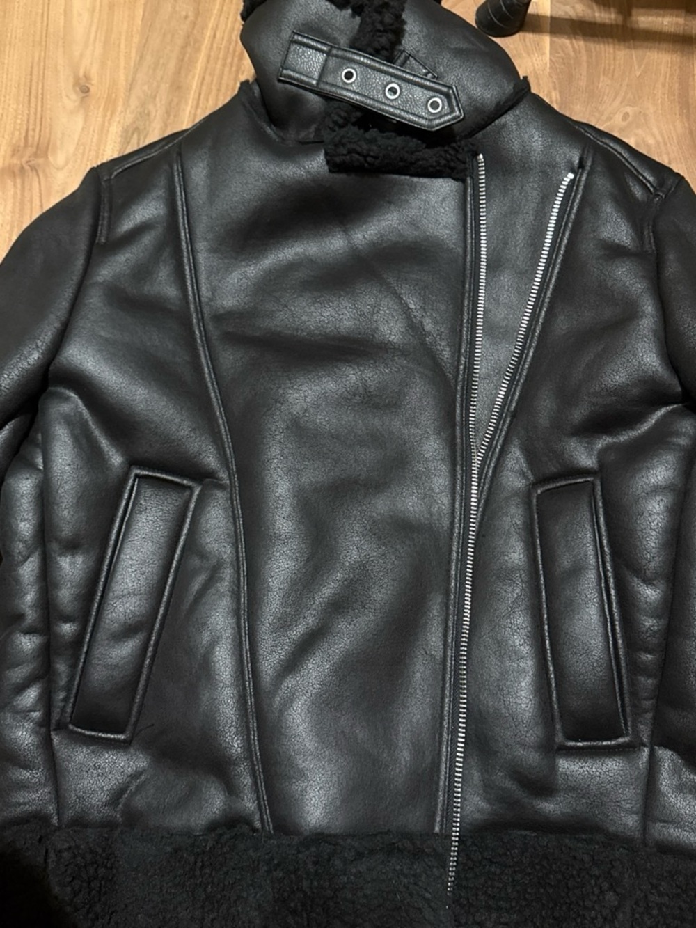 H&M Black Faux Leather Bomber Jacket with Shearling Trim